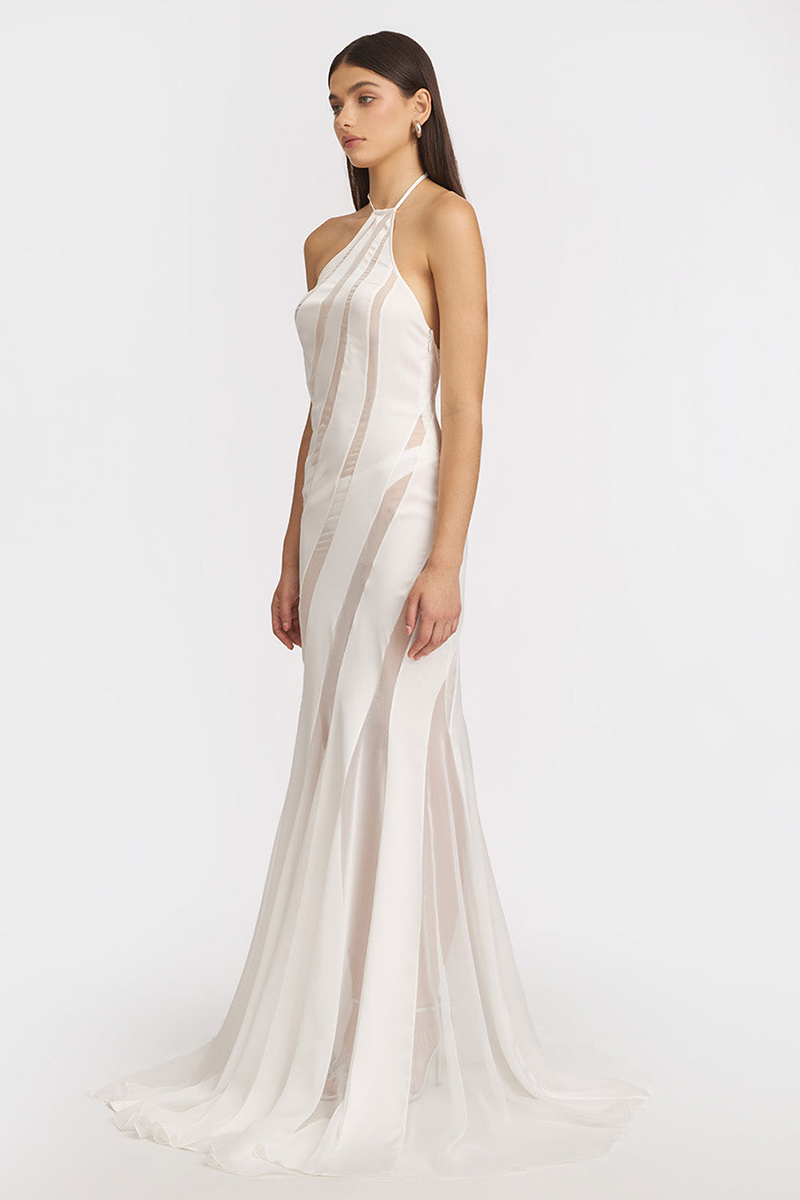 Halter Satin Sheer Chiffon Patchwork Mermaid Maxi Dresses-White-Hayhty.All Rights Reserved.