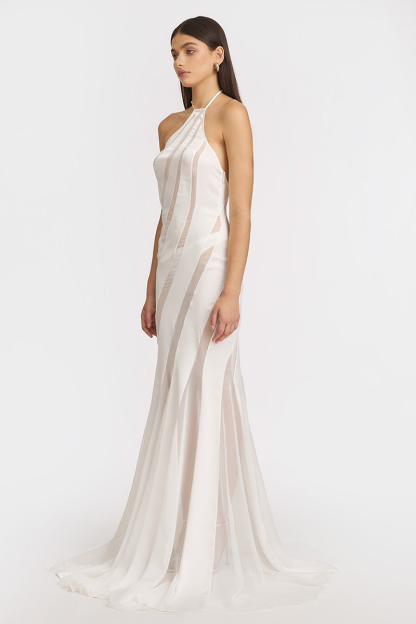 Halter Satin Sheer Chiffon Patchwork Mermaid Maxi Dresses-White-Hayhty.All Rights Reserved.