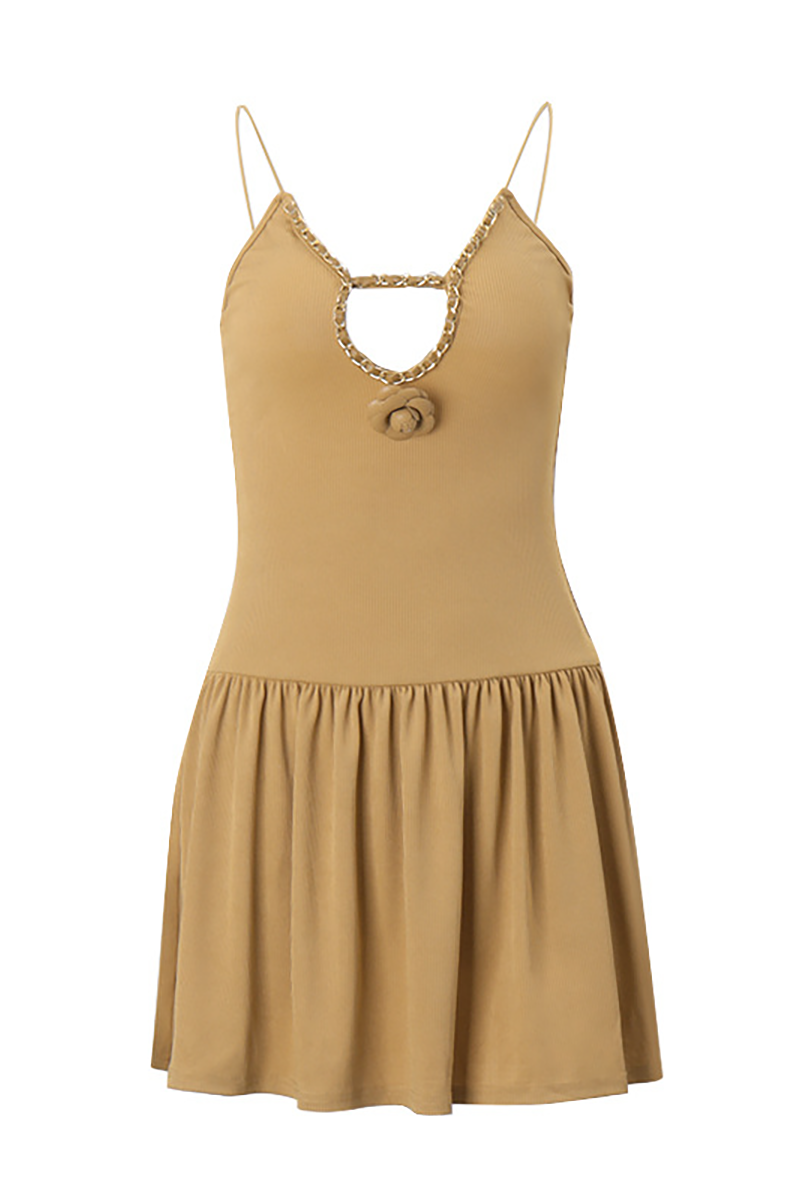 3D Flower Deep V Neck Knit Patchwork Cinch Waist Slip Mini Dresses-Khaki-Hayhty.All Rights Reserved.