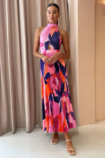 Halter Backless Floral Print Pleated Sleeveless Maxi Dresses-Hayhty.All Rights Reserved.