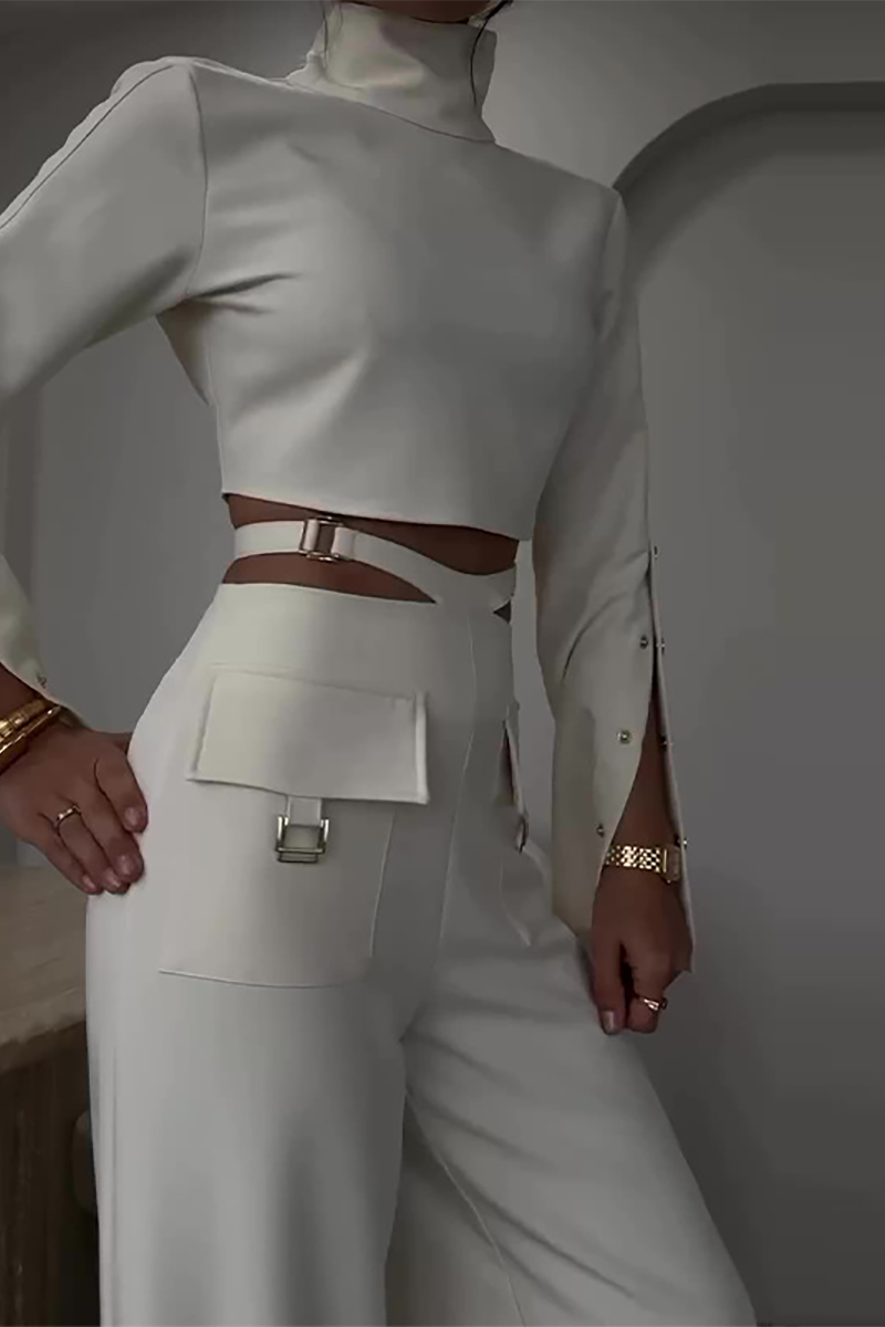 Stand Collar Slit Long Sleeve Crop Top Wide Leg Pants Matching Set-White-Hayhty.All Rights Reserved.