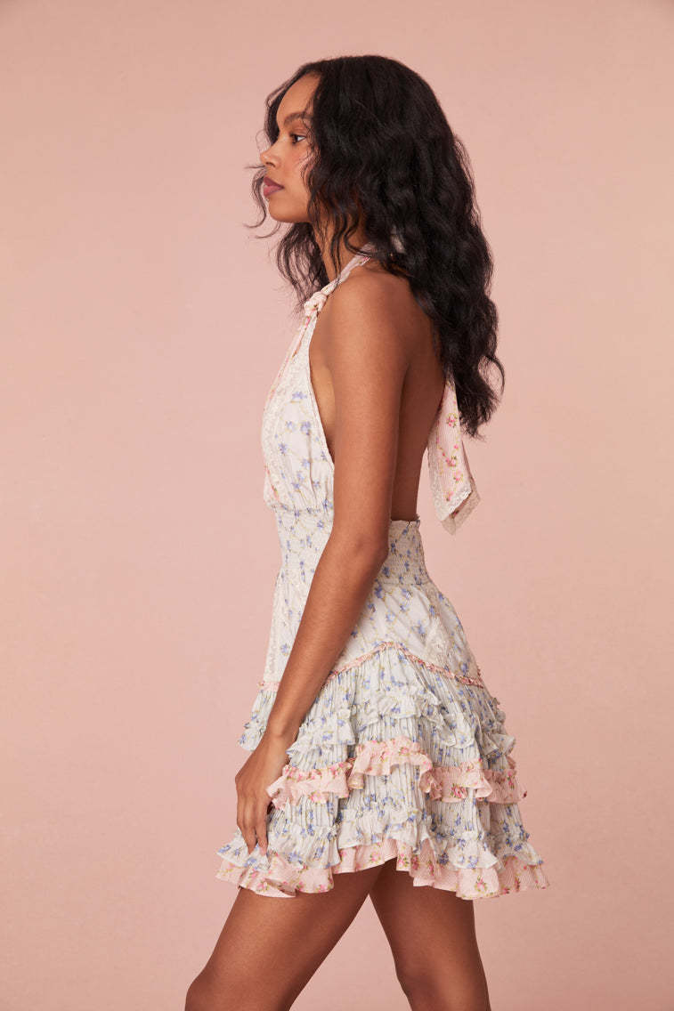 Halter Floral Patchwork Multi-Layered Ruffle Mini Dresses-Blue-Hayhty.All Rights Reserved.