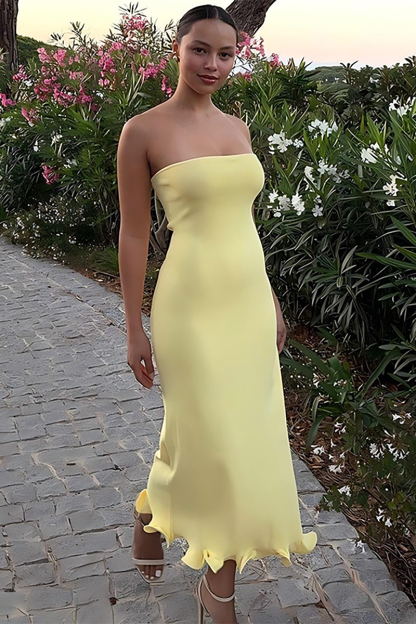 Solid Color Slim Fit Ruffled Hemline Midi Tube Dresses-Yellow-Hayhty.All Rights Reserved.