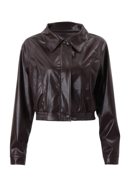 PU Leather Turndown Collar Long Sleeve Crop Jacket-Brown-Hayhty.All Rights Reserved.