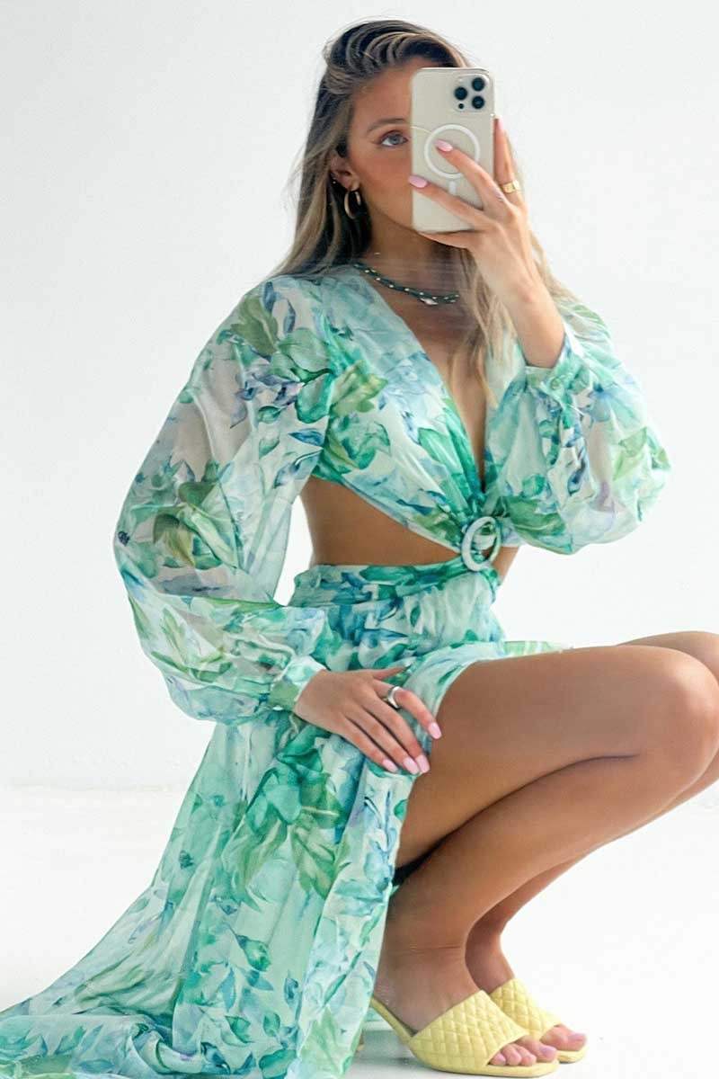 Deep V Neck Cutout Floral Print Ring Decor Long Puffy Sleeve Backless Vacation Maxi Dresses-Hayhty.All Rights Reserved.
