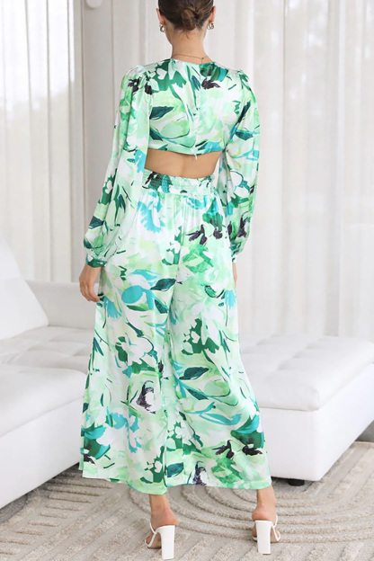 Floral Print Deep V Neck Cutout Flare Long Sleeve Ring Decor Wide Leg Vacation Jumpsuit-Hayhty.All Rights Reserved.