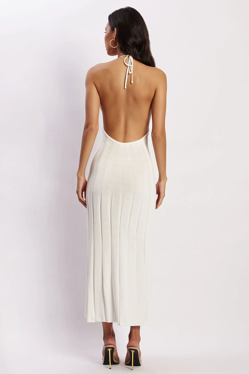 Solid Color Pleated Knit Open Back Halter Midi Dresses-White-Hayhty.All Rights Reserved.