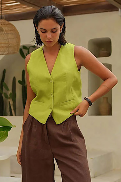 V Neck Solid Color Casual Vest-Green-Hayhty.All Rights Reserved.