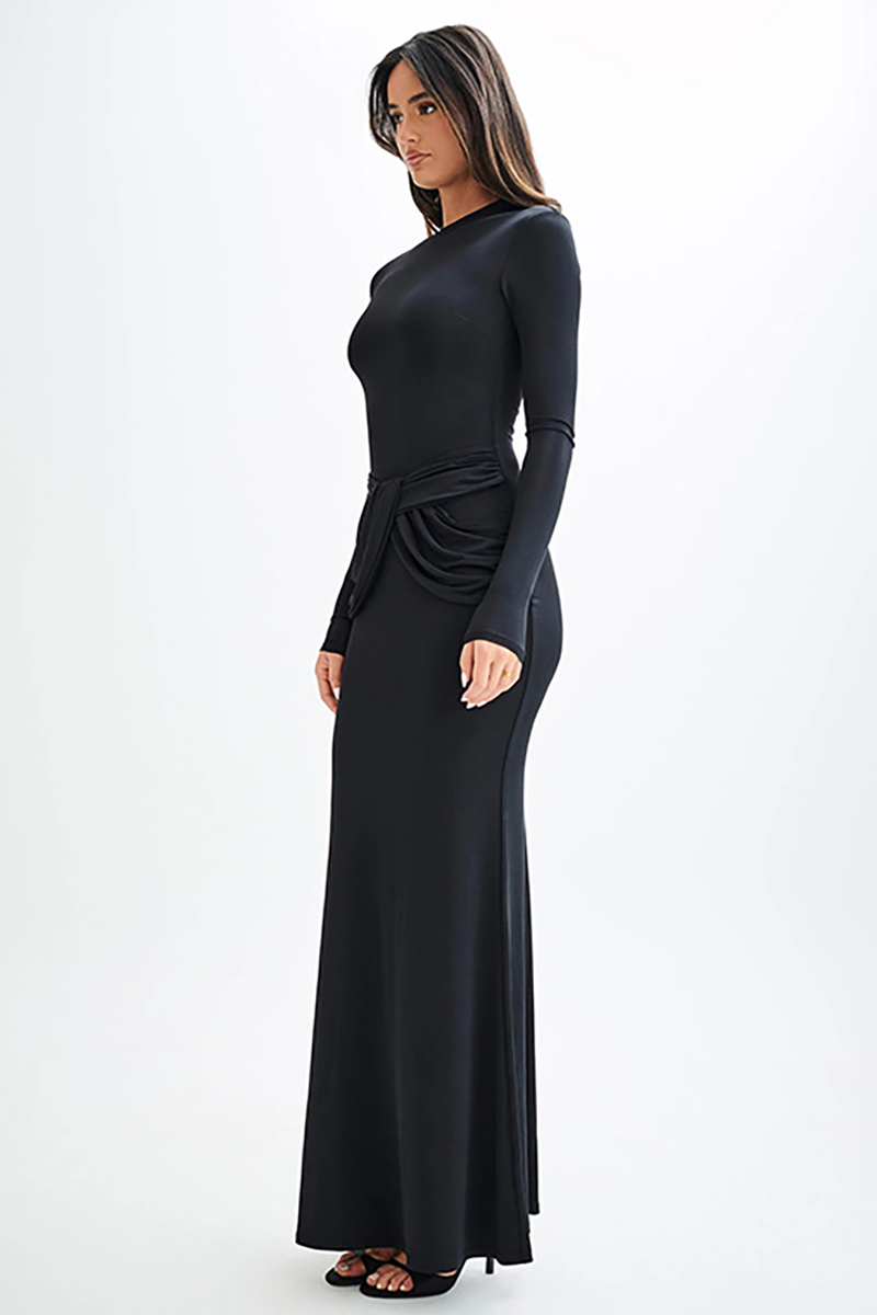 Round Neck Long Sleeve Ruched Bodycon Fishtail Maxi Dresses-Black-Hayhty.All Rights Reserved.