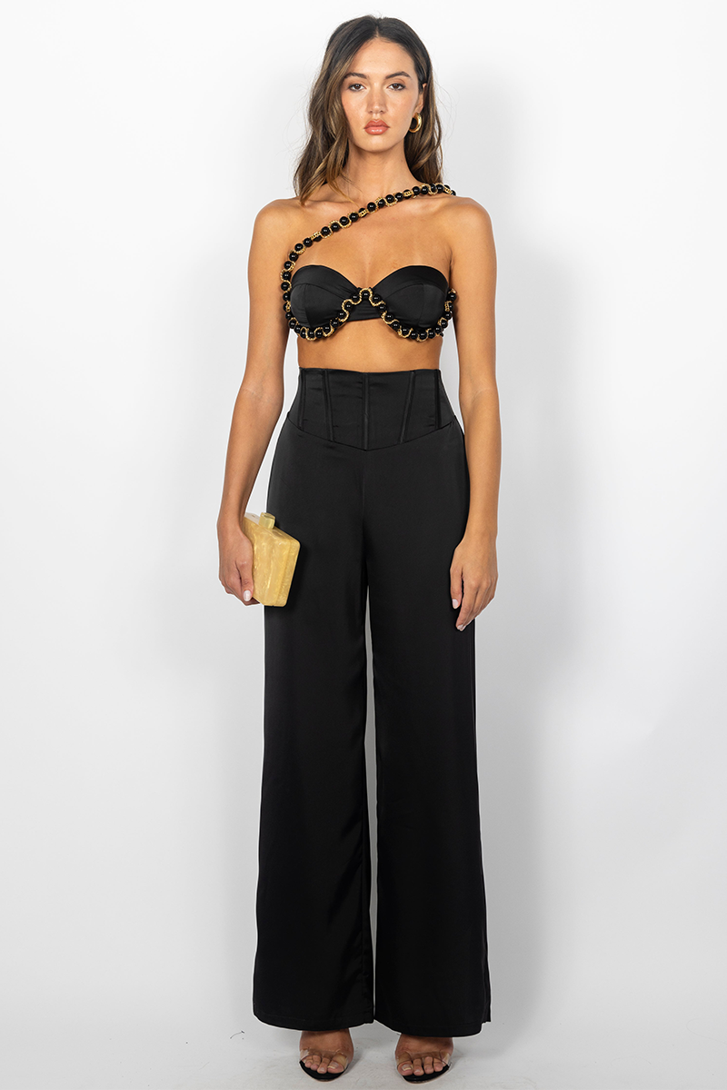 Chain Wrapped Beads One Shoulder Top Wide Leg Pants 2pcs Set-Black-Hayhty.All Rights Reserved.