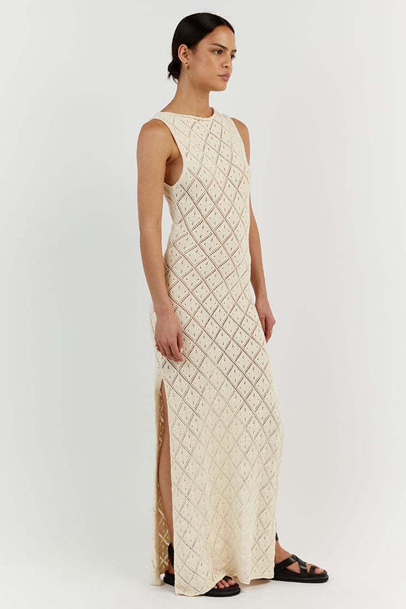 Hollow Out Boat Neck Sleeveless Knitted Bodycon High Slit Cover Up White Maxi Dresses-Hayhty.All Rights Reserved.