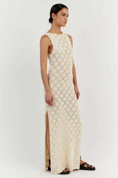 Hollow Out Boat Neck Sleeveless Knitted Bodycon High Slit Cover Up White Maxi Dresses-Hayhty.All Rights Reserved.