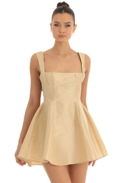 Square Neck Straps White Bow Knotted Cutout Backless A-line Satin Mini Dresses-Hayhty.All Rights Reserved.
