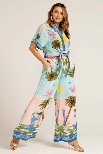 Vacation Mixed Print Short Sleeve Blouse Wide Leg Pants Matching Set-Blue-Hayhty.All Rights Reserved.