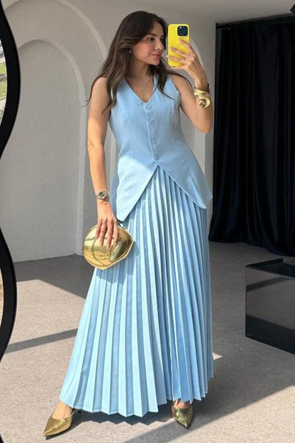 V Neck Button Up Slit Vest Pleated Maxi Skirt Matching Set-White-Hayhty.All Rights Reserved.
