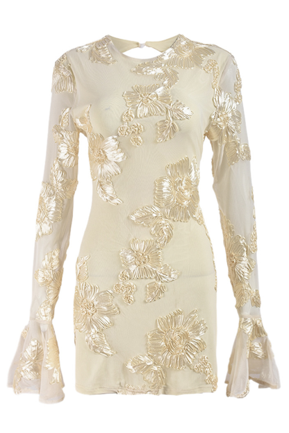 Floral Jacquard Flare Sleeve Backless Slim Fit Mini Dresses-Beige-Hayhty.All Rights Reserved.