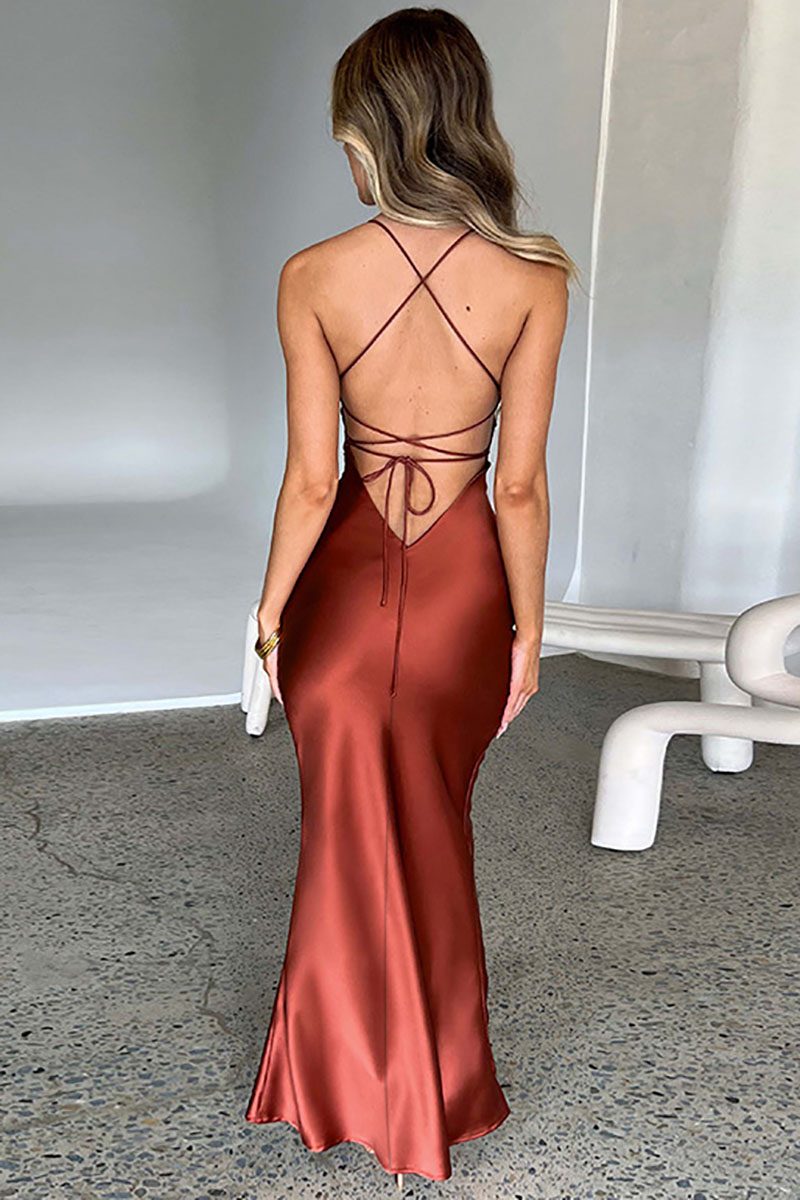 Lace Up Backless Satin Spaghetti Strap Evening Party Maxi Dresses-Hayhty.All Rights Reserved.