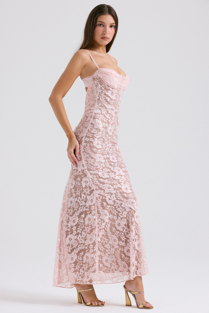 Floral Lace Backless Slim Fit Spaghetti Strap Maxi Dresses-Pink-Hayhty.All Rights Reserved.