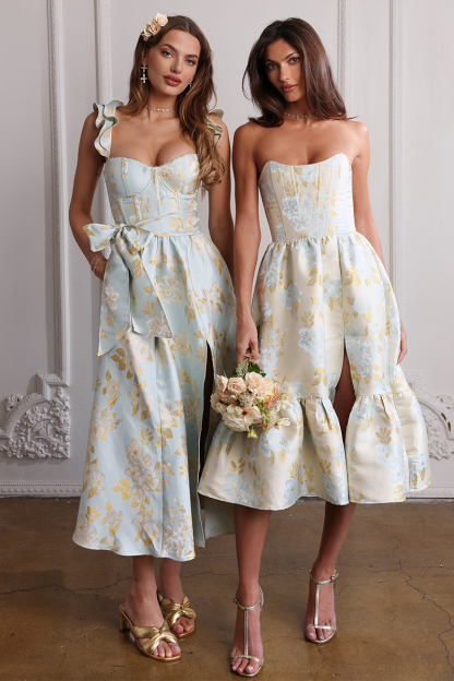 Floral Pattern Ruffled Strap Corset Tie Up Bow Slit A-Line Midi Dresses-Blue-Hayhty.All Rights Reserved.
