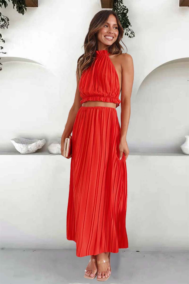 Tied Up Halter Neck Backless Crop Top Slit Maxi Skirt Pleated Slim Matching Sets-Hayhty.All Rights Reserved.