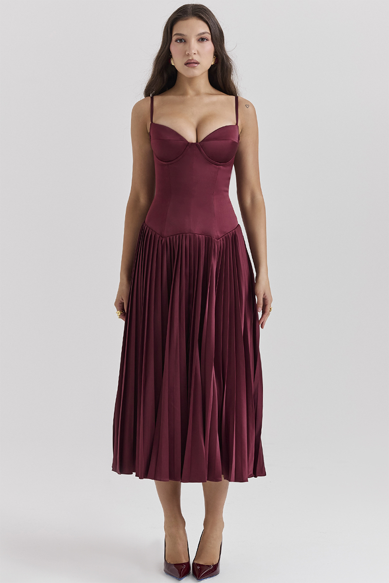 Irregular Neck Corset A-Line Pleated Hem Satin Slip Midi Dresses-Burgundy-Hayhty.All Rights Reserved.