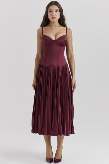 Irregular Neck Corset A-Line Pleated Hem Satin Slip Midi Dresses-Burgundy-Hayhty.All Rights Reserved.