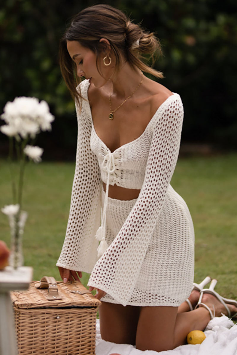Cut Out Knit Hollow Out Lace Up Vacation Mini Dress-Hayhty.All Rights Reserved.
