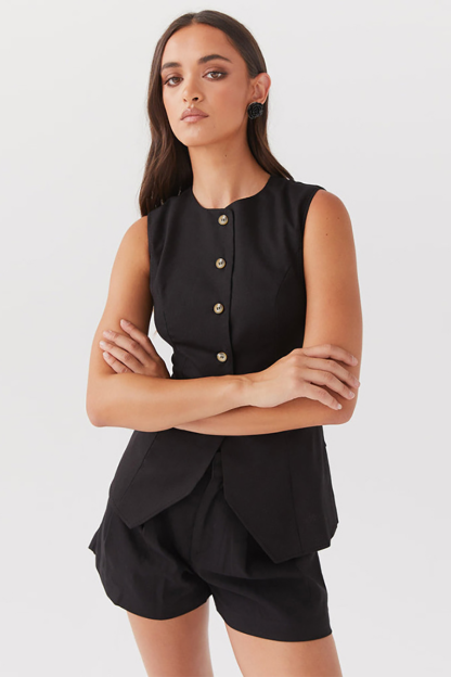 Round Neck Cinch Waist Button Up Vest Plain Shorts Matching Set-Black-Hayhty.All Rights Reserved.