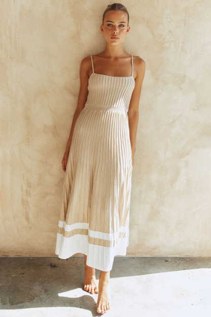 Knit Boat Neck Spaghetti Strap A-Line Vacation Midi Dress-Hayhty.All Rights Reserved.