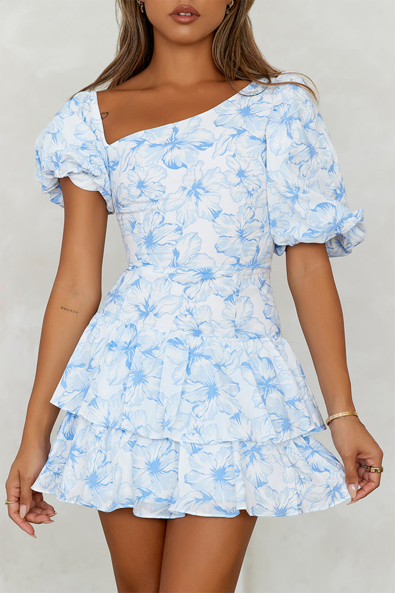 Asymmetric Neckline Puff Sleeve Floral Print Mini Dresses-Blue-Hayhty.All Rights Reserved.