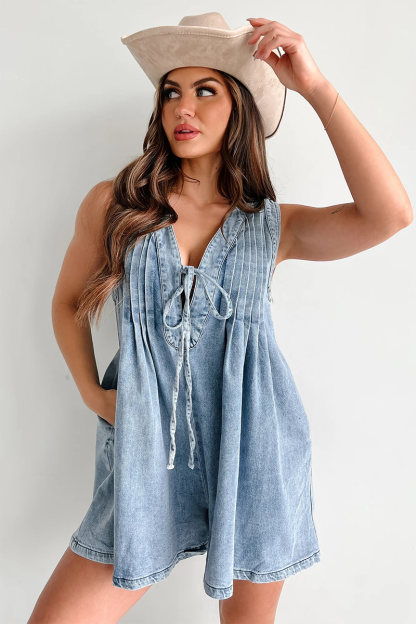 V Neck Front Tie Up Sleeveless Loose Fit Denim Casual Playsuit Romper-Blue-Hayhty.All Rights Reserved.