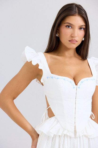 Side Cutout Embroidery Ruffled Corset Midi Skirt 2pcs Set-White-Hayhty.All Rights Reserved.