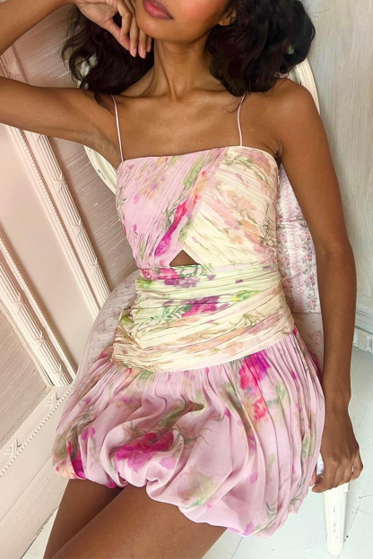 Floral Print Pleated Cinch Waist Bubble Hem Spaghetti Strap Mini Dresses-Pink-Hayhty.All Rights Reserved.