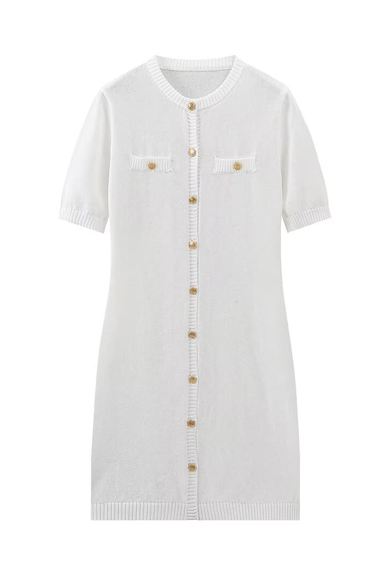 Knit Round Neck Short Sleeve Button Up Plain Mini Dresses-White-Hayhty.All Rights Reserved.