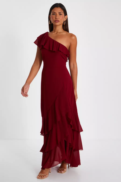 Sleeveless One Shoulder Ruffled Chiffon Maxi Dresses-Red-Hayhty.All Rights Reserved.