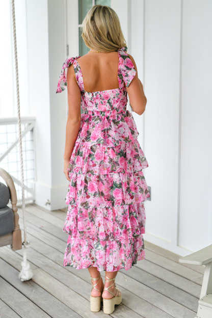 Floral Print Tie Up Cami Tiered Ruffled Hem Midi Dresses-Pink-Hayhty.All Rights Reserved.