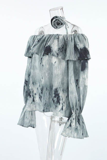 Ink Painting Print Off Shoulder Ruffled Overlay Flare Sleeve Top-Green-Hayhty.All Rights Reserved.