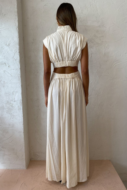 Stand Collar Sleeveless Open Waist Dress Maxi Dresses-Hayhty.All Rights Reserved.