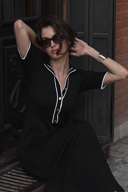 Short Sleeve Half Button-Up Slim-Fit Colorblock Trim Knit Maxi Dresses-White-Hayhty.All Rights Reserved.