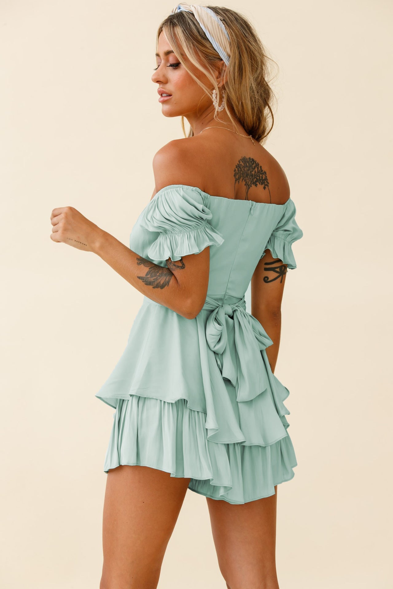 Off Shoulder Short Sleeve Jumpsuit-Hayhty.All Rights Reserved.