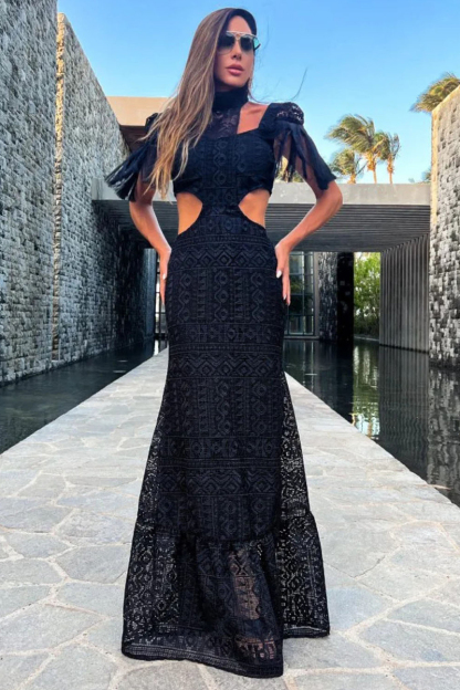 Mock Neck Fringe Irregular Cutout Slim Fit Knitted Maxi Dresses-Black-Hayhty.All Rights Reserved.
