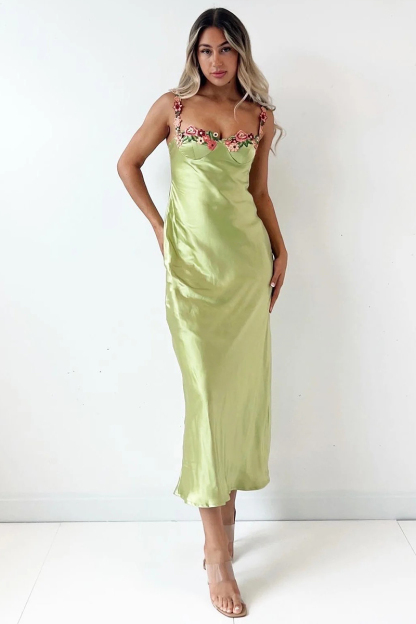 Embroidered Flower Boat Neck High Slit Satin Slim Garden Party Slip Maxi Dresses-Hayhty.All Rights Reserved.