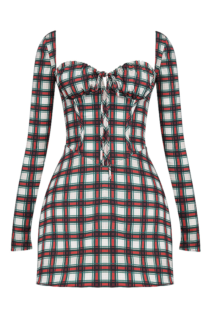 Long Sleeve Square Neck Lace Up Plaid Print Mini Dresses-Red-Hayhty.All Rights Reserved.