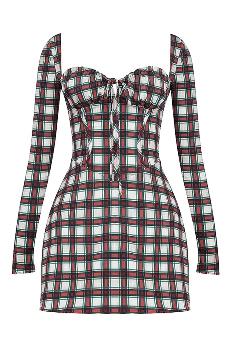 Long Sleeve Square Neck Lace Up Plaid Print Mini Dresses-Red-Hayhty.All Rights Reserved.
