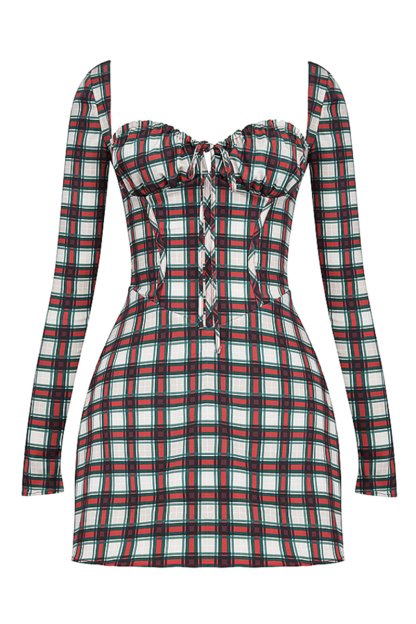 Long Sleeve Square Neck Lace Up Plaid Print Mini Dresses-Red-Hayhty.All Rights Reserved.
