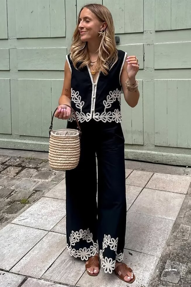 Embroidery V Neck Vest Wide Leg Pants Matching Set-Black-Hayhty.All Rights Reserved.