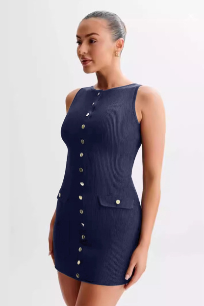 Round Neck Button Up Bodycon Knit Mini Tank Dresses-Navy-Hayhty.All Rights Reserved.
