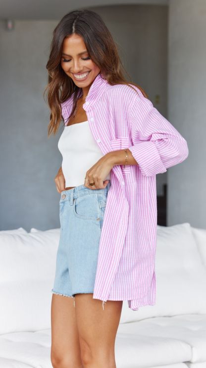 Relaxed Fit Button Up Shirt Set-Pink/Blue Stripe-Hayhty.All Rights Reserved.