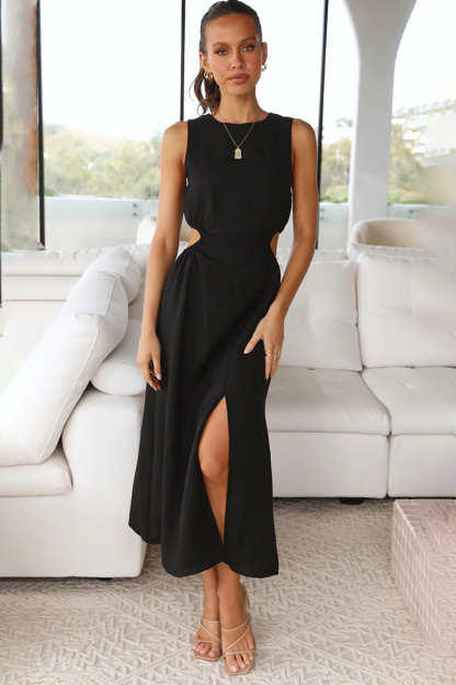 Boat Neck Cut Out A Line Sleeveless Midi Dress-Hayhty.All Rights Reserved.