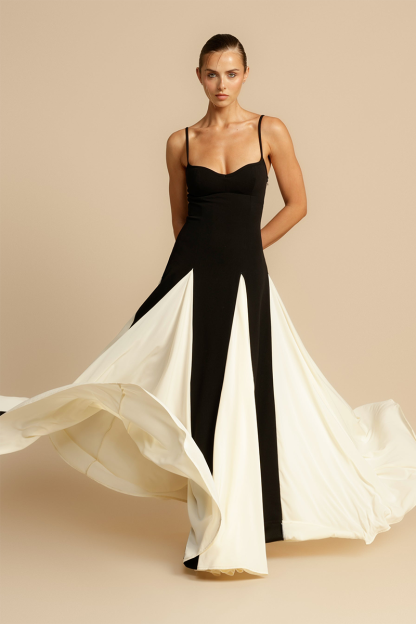 Colorblock Patchwork A-Line Flowy Slip Maxi Dresses-Black-Hayhty.All Rights Reserved.